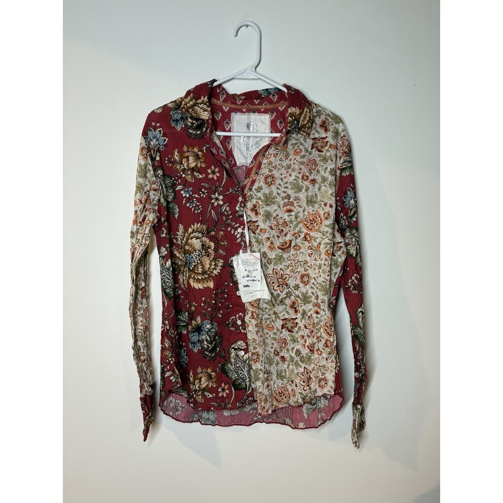Cino Floral Crinkled Cotton Shirt Western XL Boho Women's Patchwork Button Up